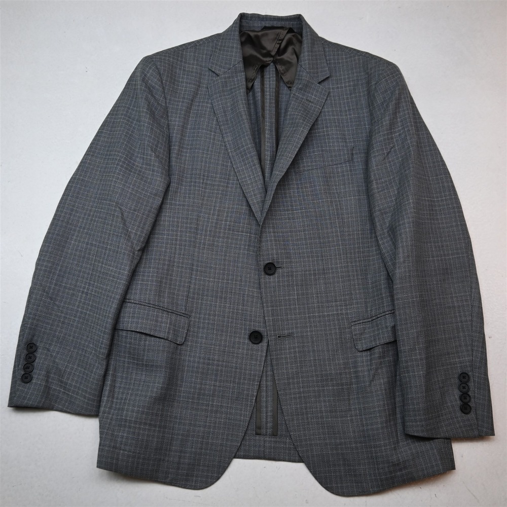HUGO BOSS 40R Blue Gray Check 100% Wool Nobis4 Slim Soft Shoulder Blazer